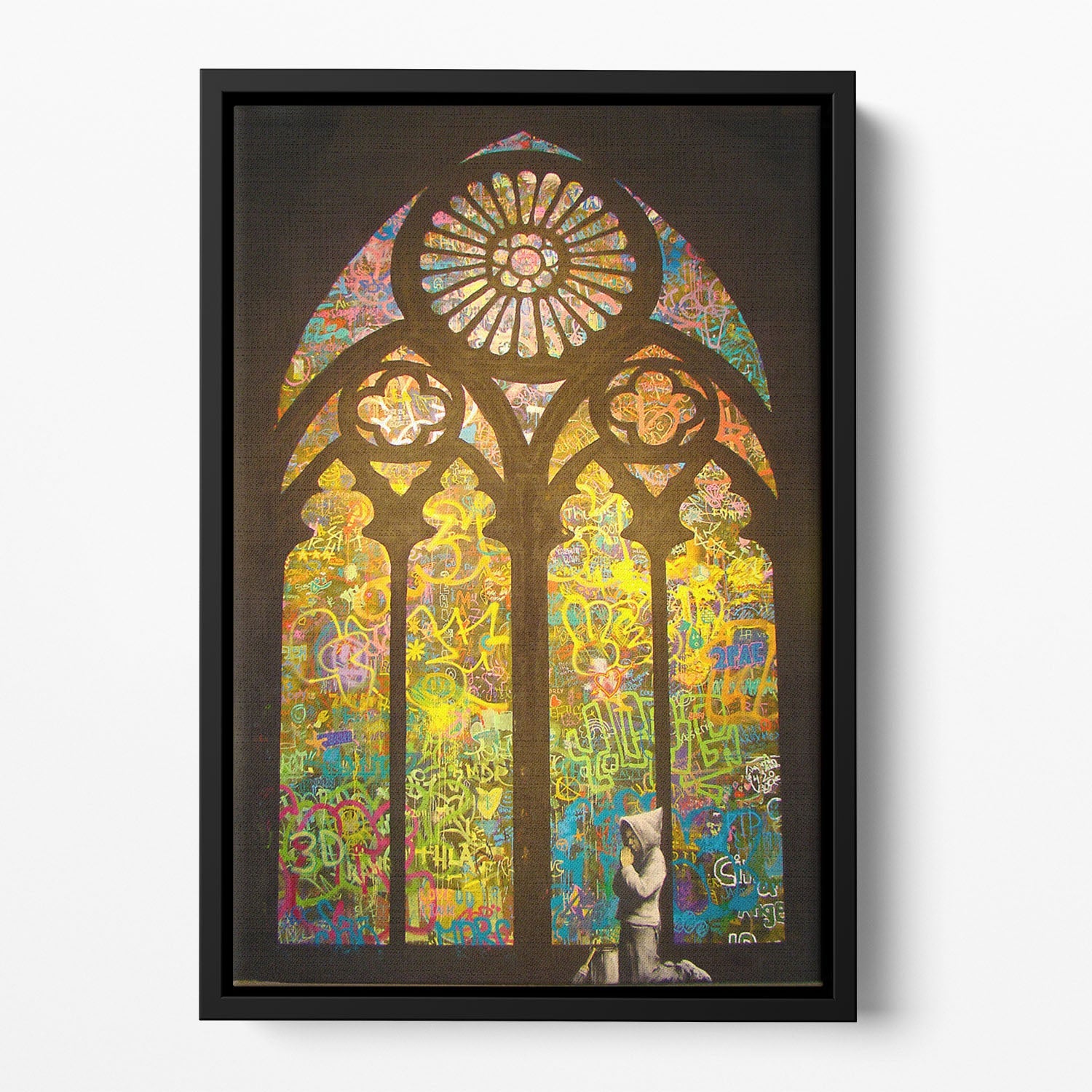 Banksy Stained Glass Window Floating Framed Canvas showcasing vibrant colors and intricate design in a modern floating frame.