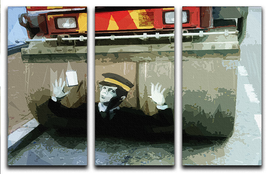Banksy Steamroller Traffic Warden 3-panel canvas print showcasing vibrant street art in a modern setting.
