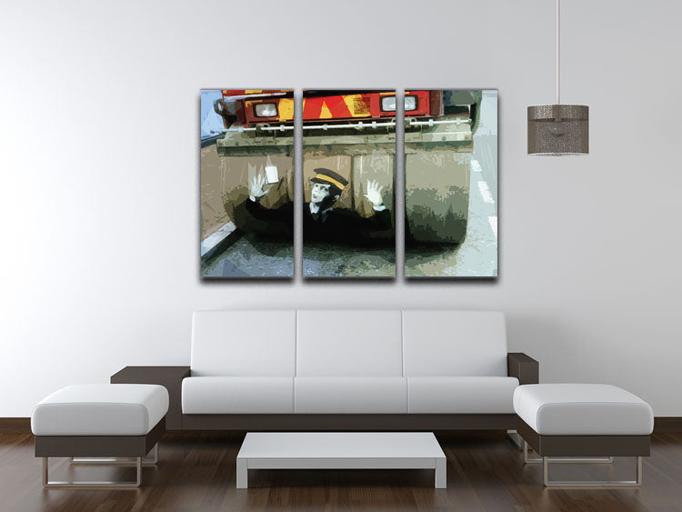 Banksy Steamroller Traffic Warden 3-panel canvas print showcasing vibrant street art in a modern setting.