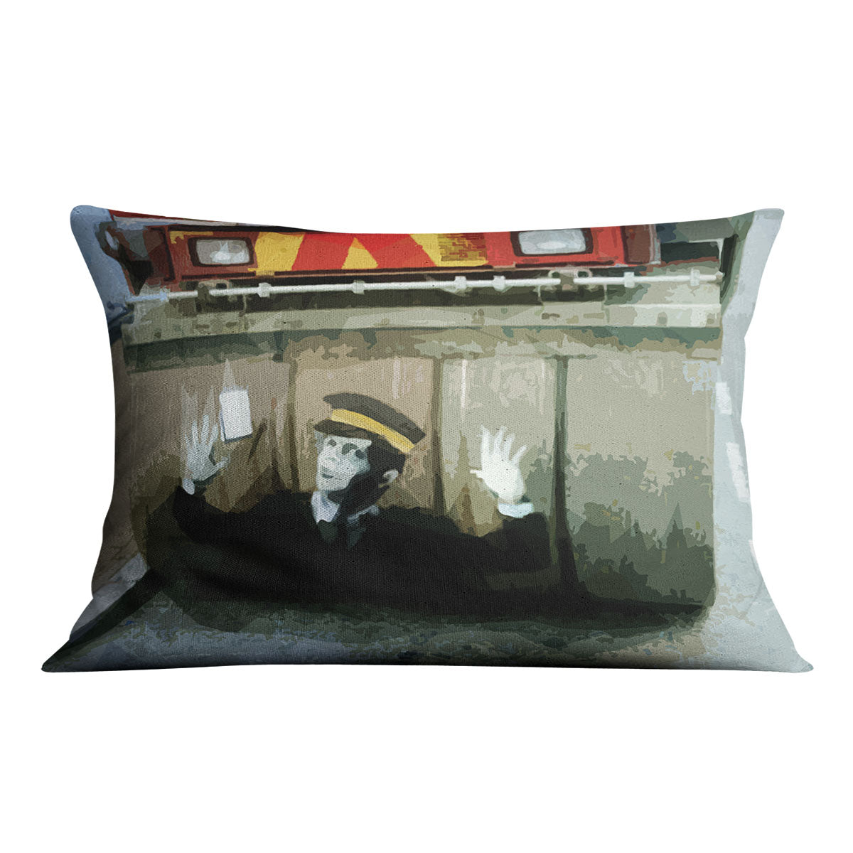 Banksy Steamroller Traffic Warden London Cushion featuring vibrant abstract design on luxurious vegan faux suede.