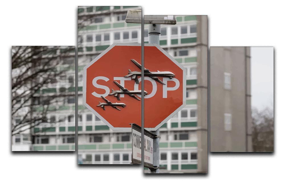 Banksy Stop Sign End War 4 Split Panel Canvas artwork featuring four panels with a cohesive design, showcasing vibrant colors and urban style.