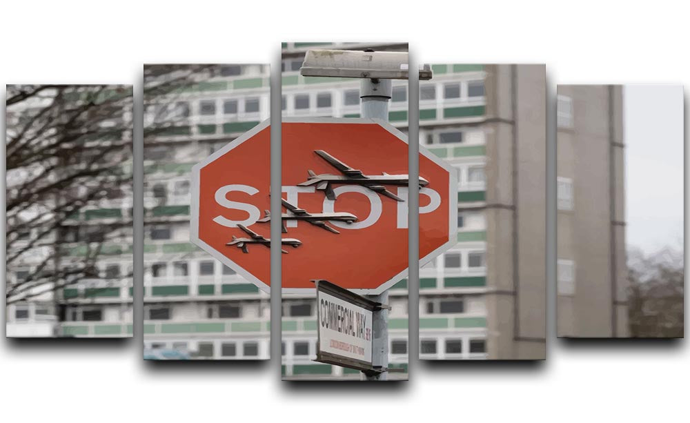 Banksy Stop Sign End War 5 Split Panel Canvas artwork featuring a striking design promoting peace, divided into five panels.