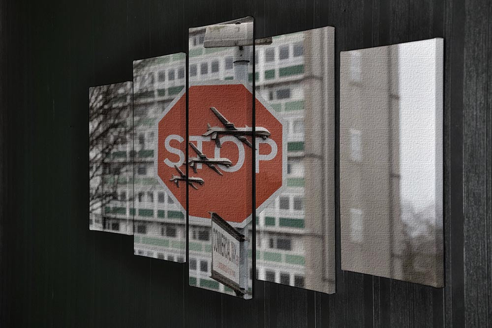 Banksy Stop Sign End War 5 Split Panel Canvas artwork featuring a striking design promoting peace, divided into five panels.
