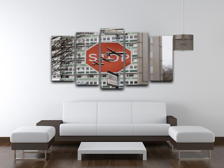 Banksy Stop Sign End War 5 Split Panel Canvas artwork featuring a striking design promoting peace, divided into five panels.