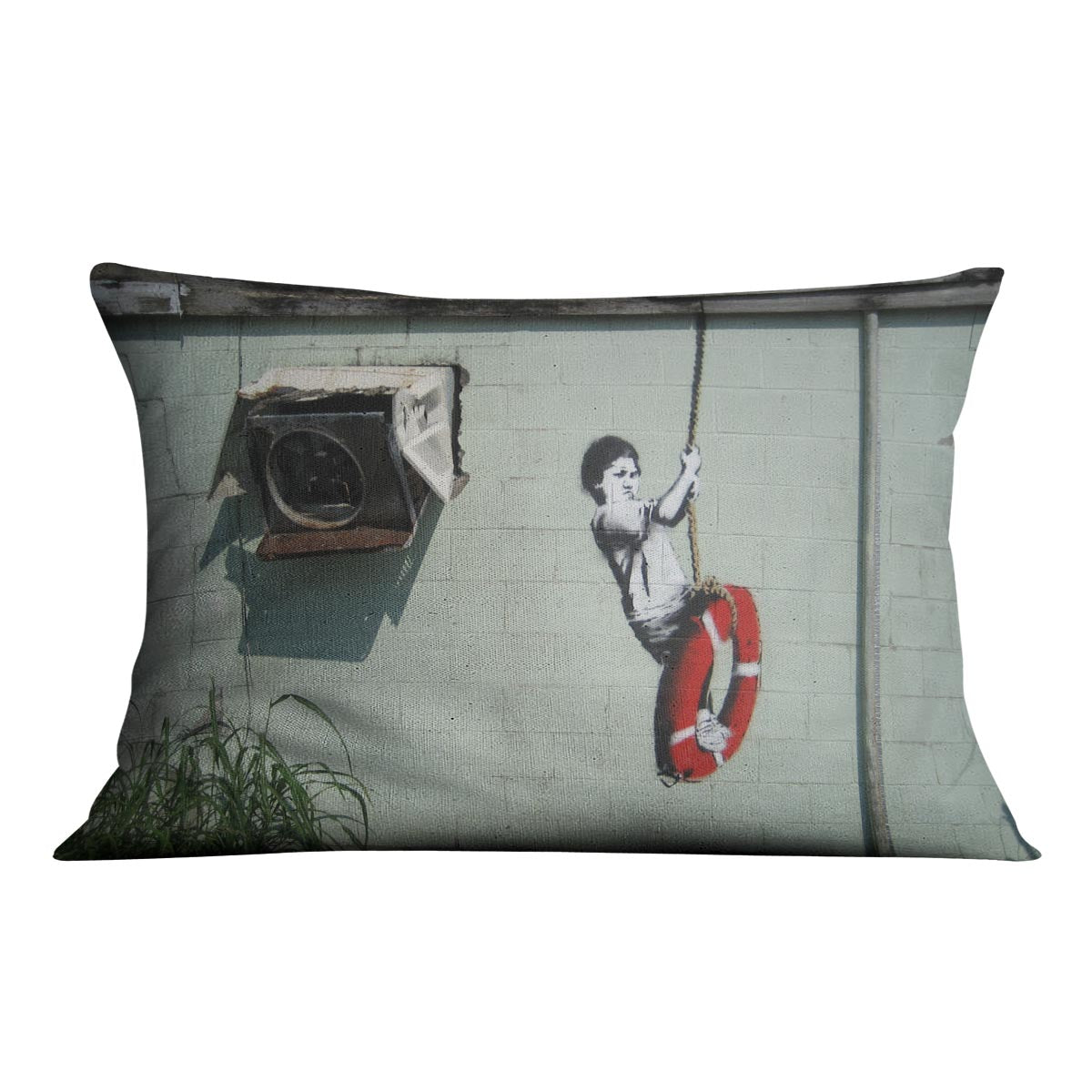 Banksy Swing Boy Cushion featuring vibrant abstract design on luxurious vegan faux suede, perfect for home decor.