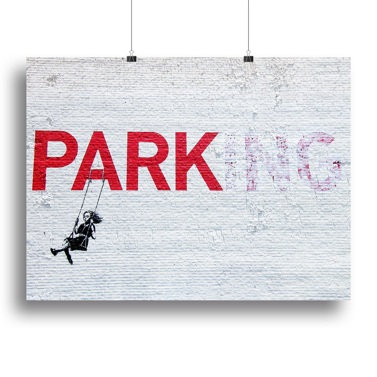 Banksy Swing Girl canvas print featuring a girl joyfully swinging, showcasing vibrant colors and modern art style.