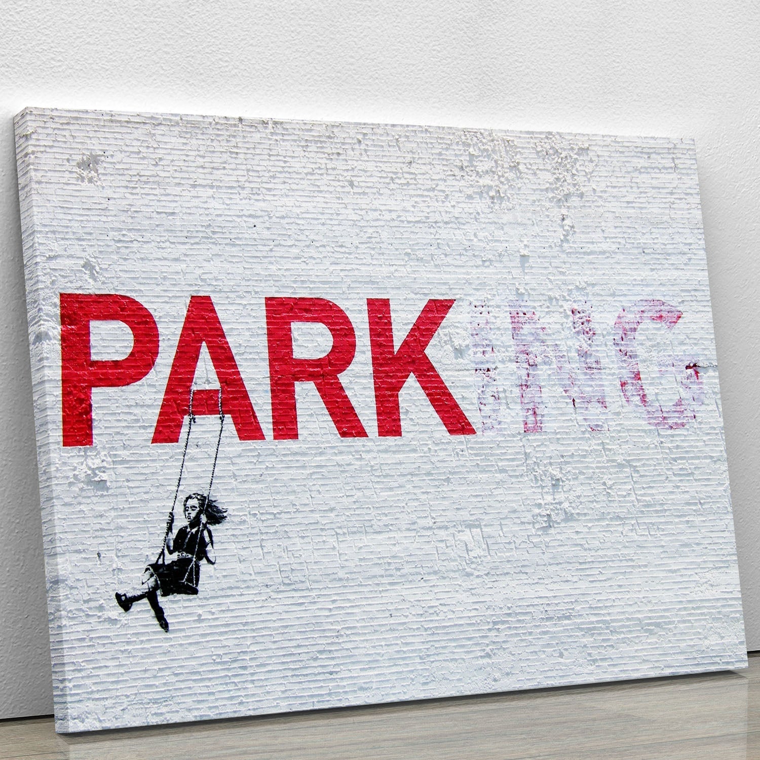 Banksy Swing Girl canvas print featuring a girl joyfully swinging, showcasing vibrant colors and modern art style.