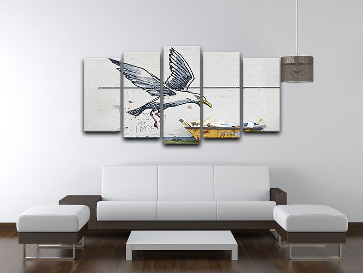 Banksy Swooping Seagull 5 Split Panel Canvas artwork featuring a dynamic seagull design across five panels.