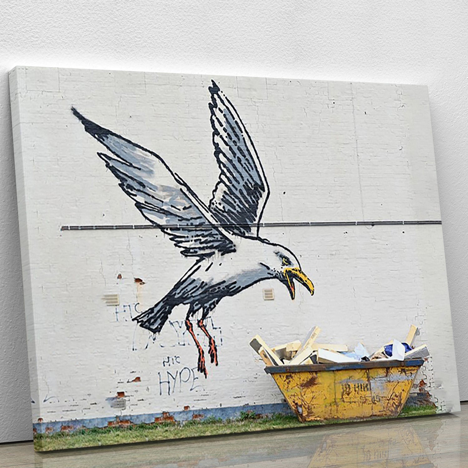Banksy Swooping Seagull canvas print showcasing vibrant colors and intricate details, perfect for modern decor.