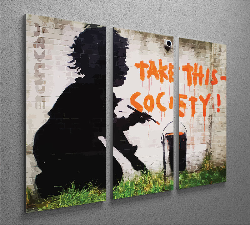 Banksy Take This Society 3 Split Panel Canvas Print featuring modern art design, perfect for home or office decor.