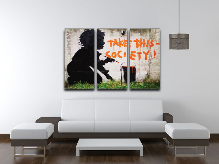 Banksy Take This Society 3 Split Panel Canvas Print featuring modern art design, perfect for home or office decor.