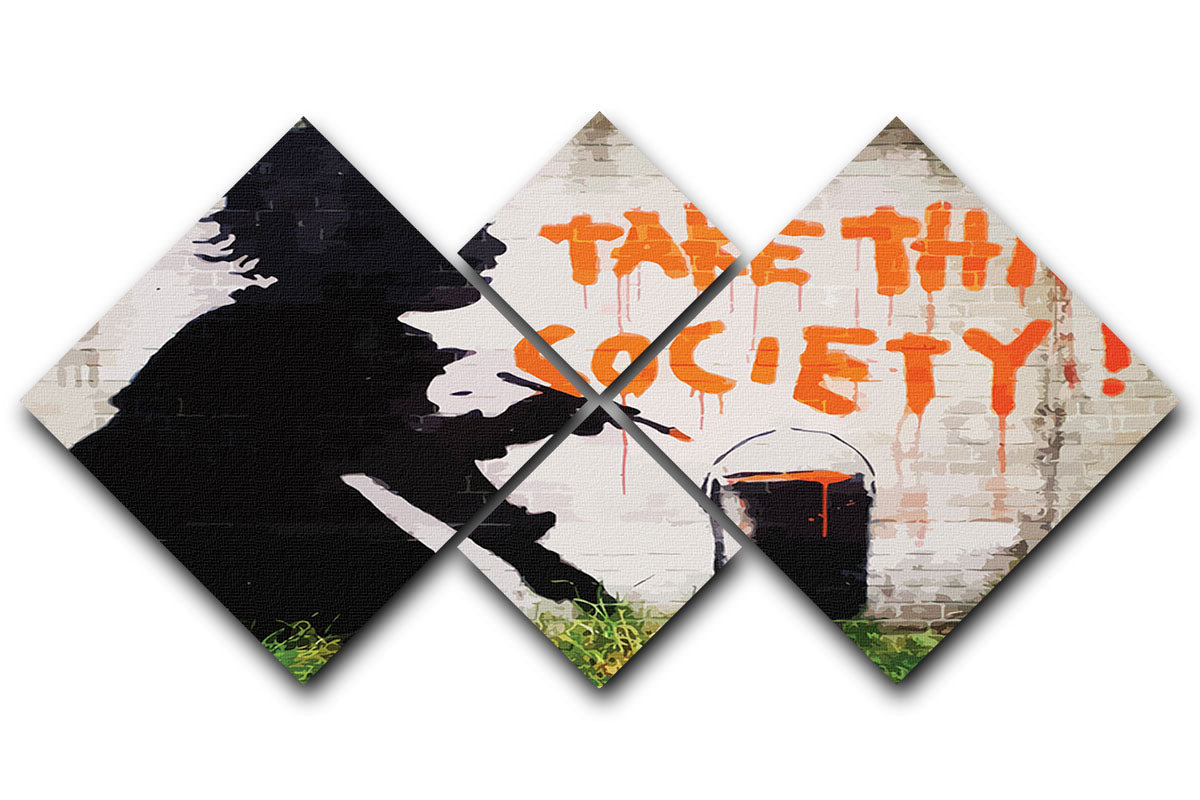 Banksy Take This Society 4 Square Multi Panel Canvas artwork featuring four equal panels with striking design.