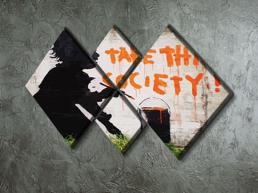 Banksy Take This Society 4 Square Multi Panel Canvas artwork featuring four equal panels with striking design.