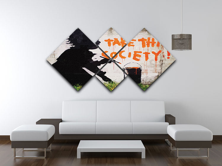Banksy Take This Society 4 Square Multi Panel Canvas artwork featuring four equal panels with striking design.