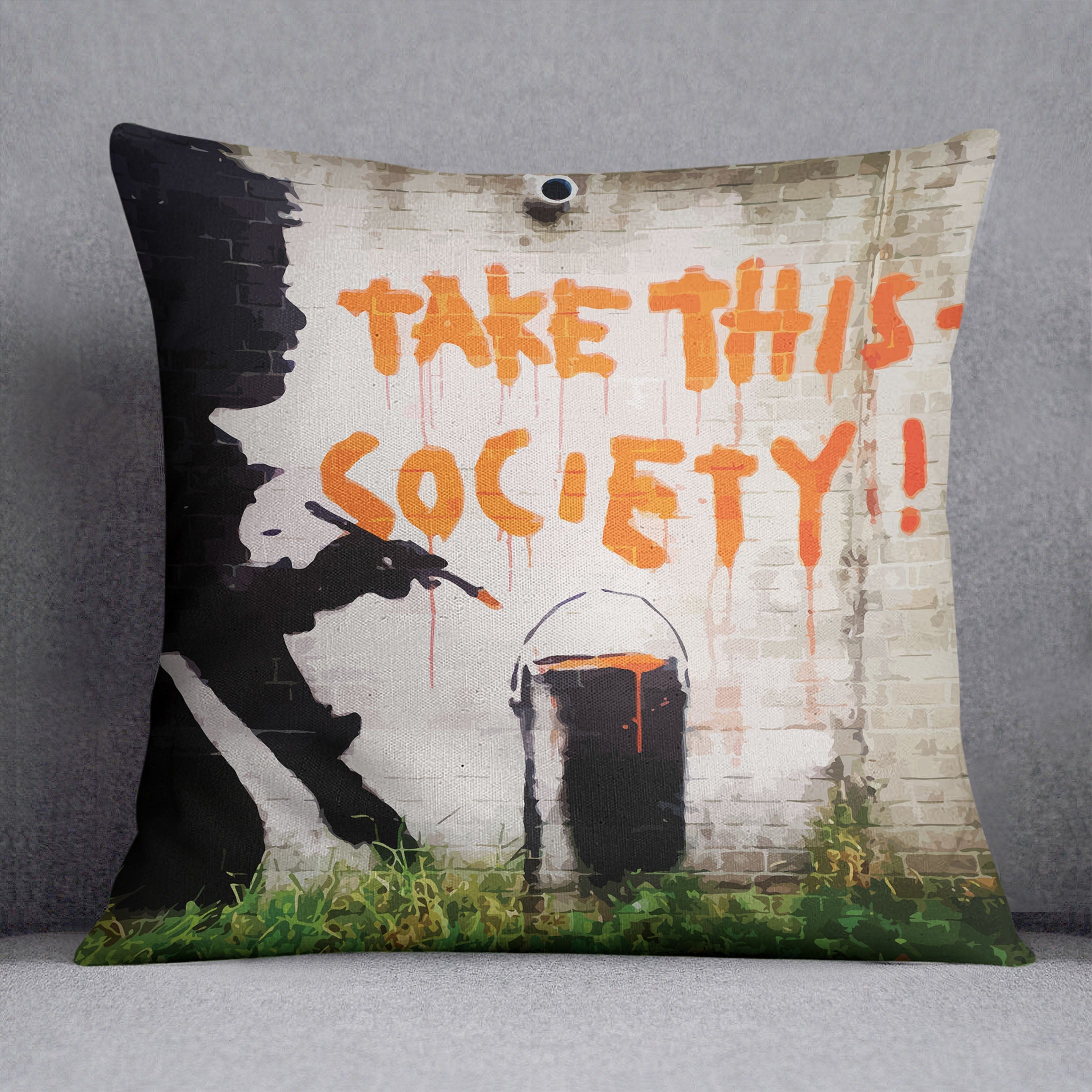 Banksy Take This Society Cushion featuring vibrant abstract design on luxurious vegan faux suede.