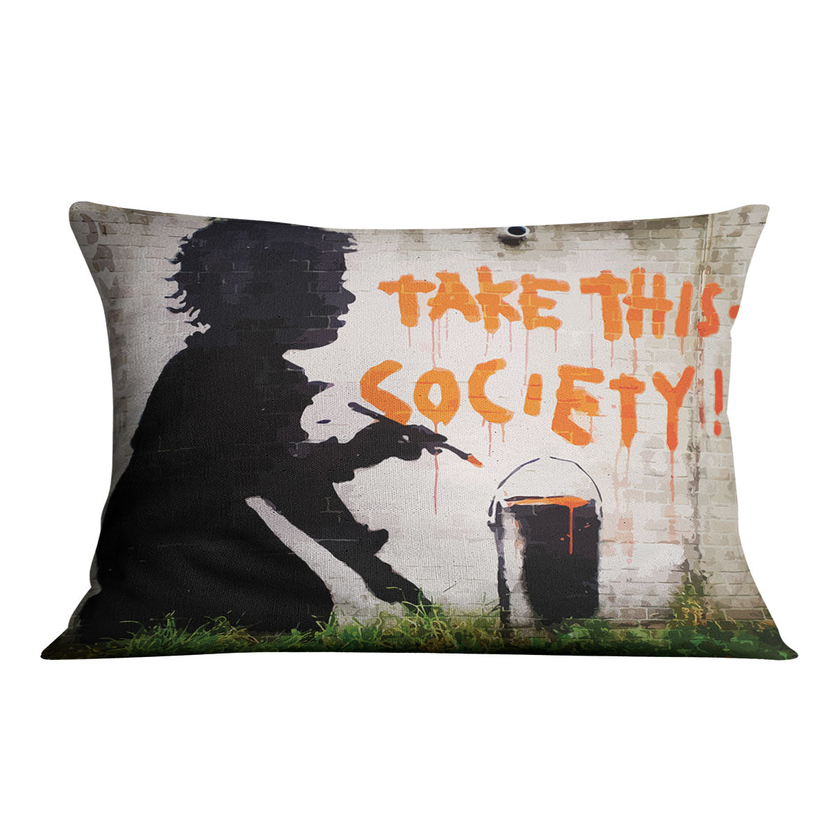 Banksy Take This Society Cushion featuring vibrant abstract design on luxurious vegan faux suede.