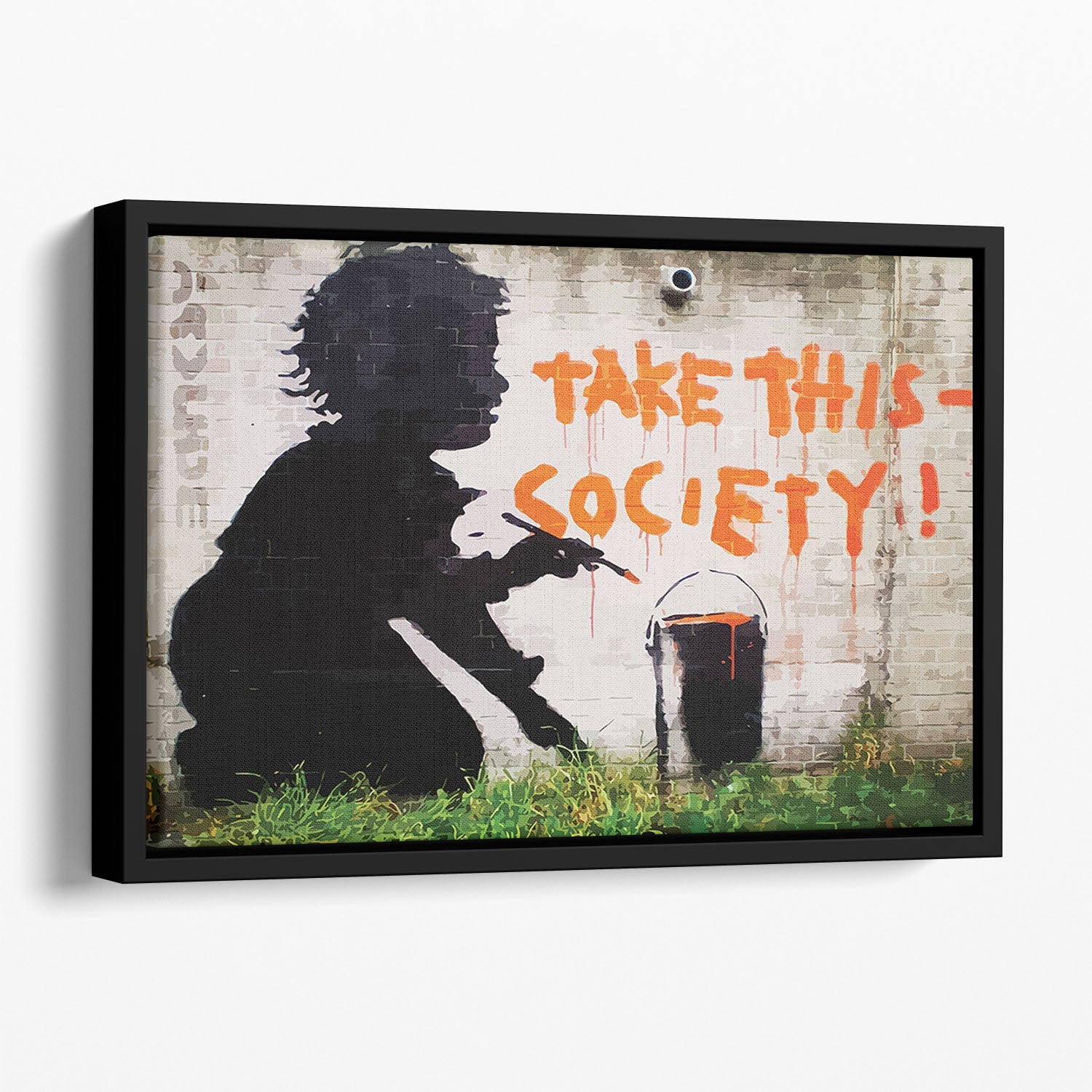 Banksy Take This Society Floating Framed Canvas featuring vibrant abstract design in a handcrafted wooden frame.