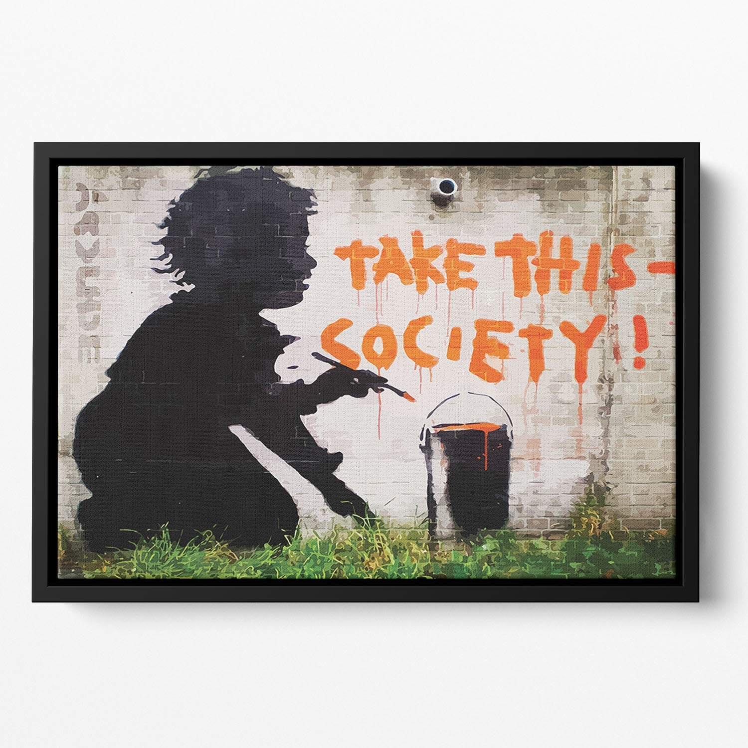 Banksy Take This Society Floating Framed Canvas featuring vibrant abstract design in a handcrafted wooden frame.