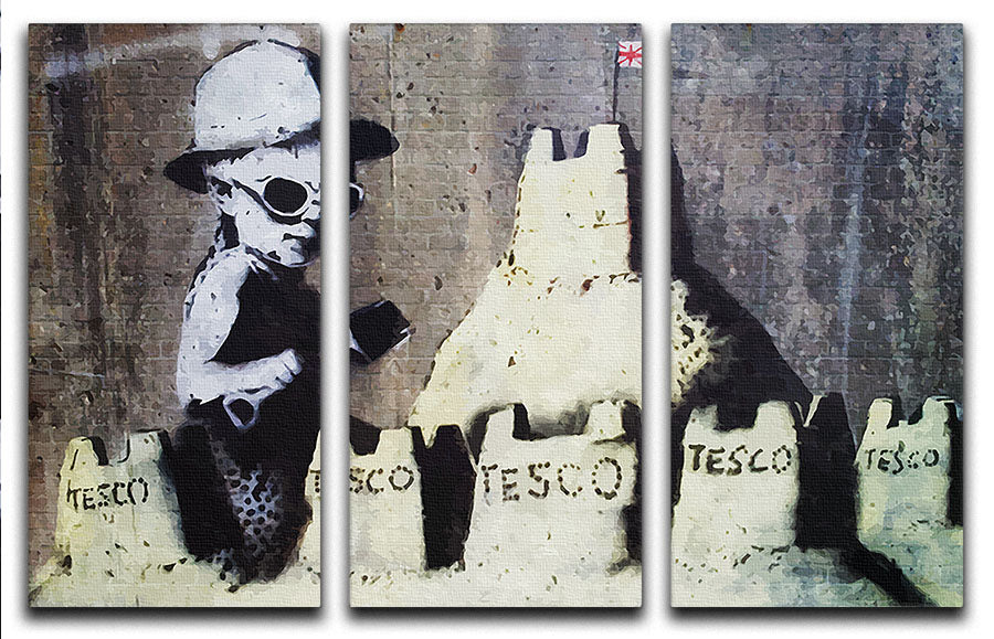 Banksy Tesco Sandcastle 3 Split Panel Canvas Print showcasing vibrant colors and intricate details, perfect for modern decor.