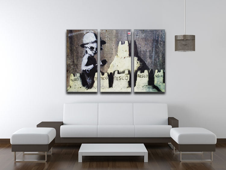 Banksy Tesco Sandcastle 3 Split Panel Canvas Print showcasing vibrant colors and intricate details, perfect for modern decor.