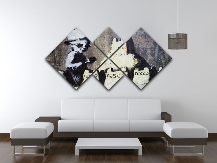 Banksy Tesco Sandcastle 4 Square Multi Panel Canvas artwork featuring four equal panels with a striking design.