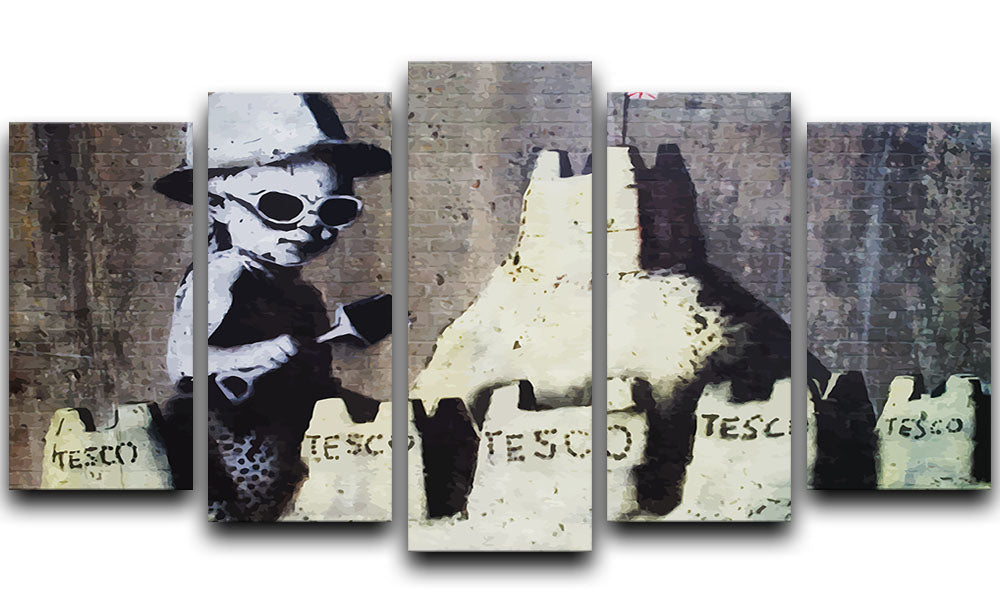 Banksy Tesco Sandcastle artwork displayed on a 5-split canvas, featuring vibrant colors and dynamic design.