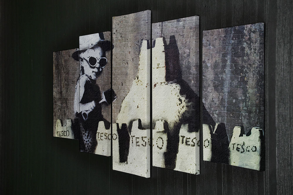 Banksy Tesco Sandcastle artwork displayed on a 5-split canvas, featuring vibrant colors and dynamic design.