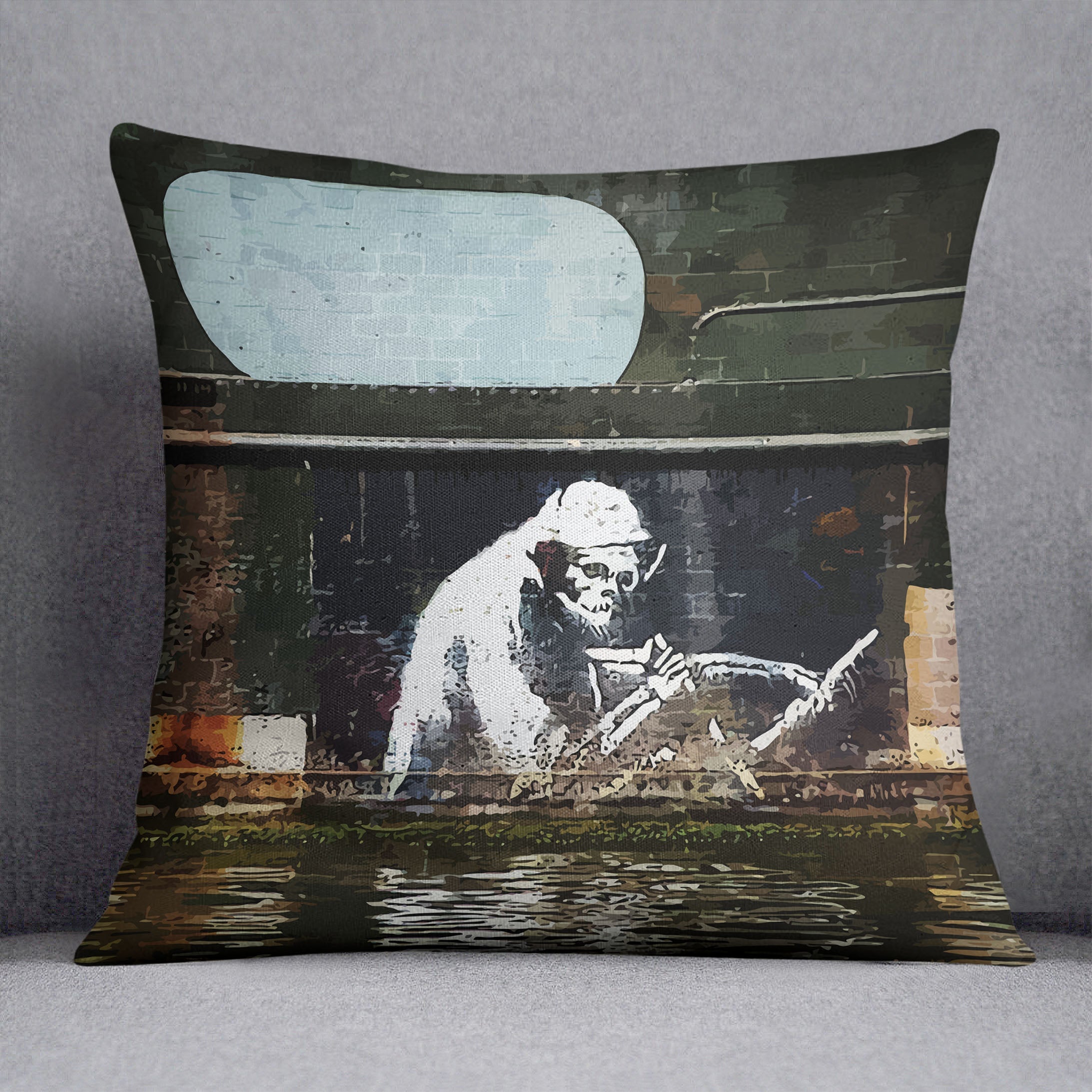 Banksy The Grim Reaper Bristol Cushion featuring vibrant colors and abstract design on luxurious vegan faux suede.