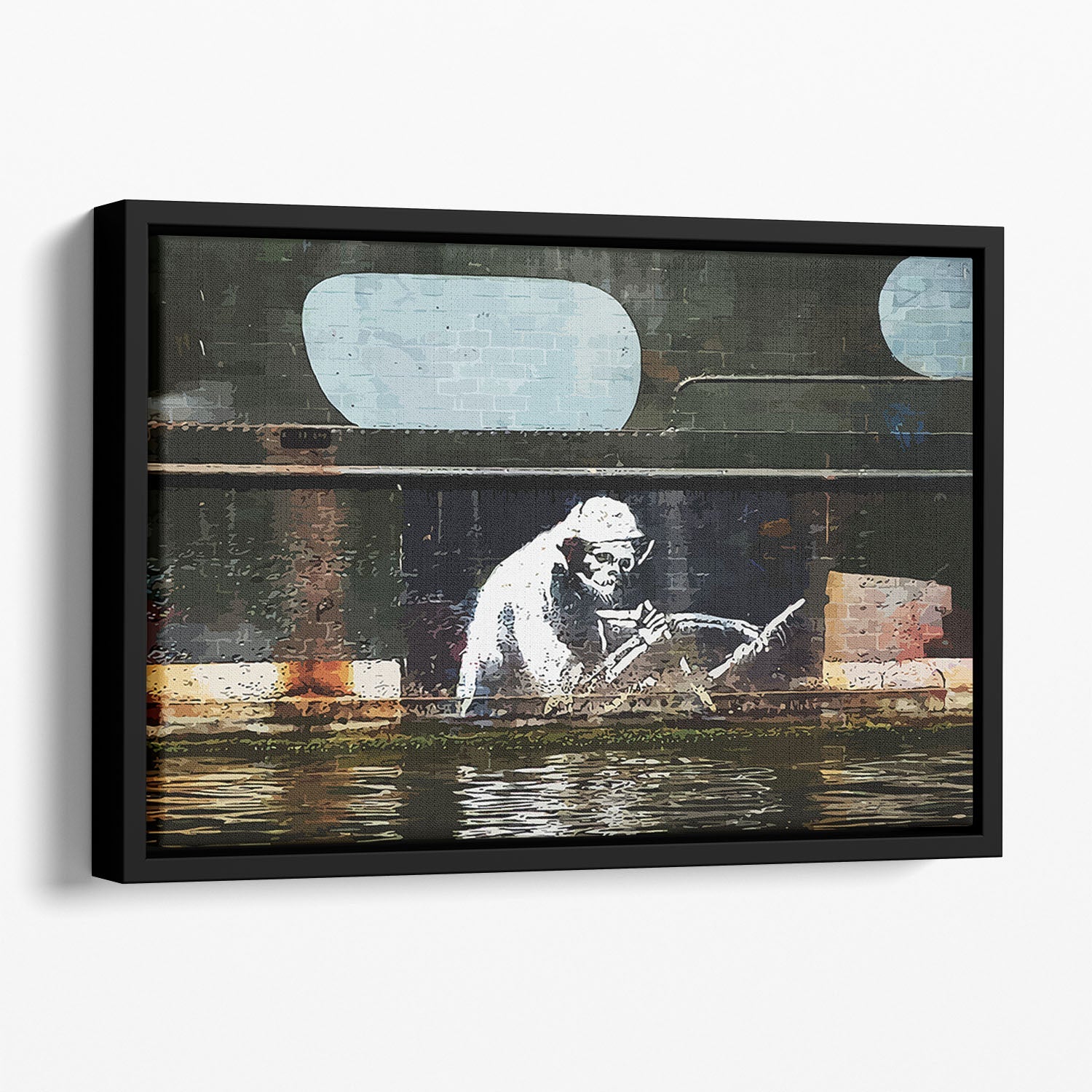 Banksy The Grim Reaper floating framed canvas art featuring vibrant colors and intricate details.