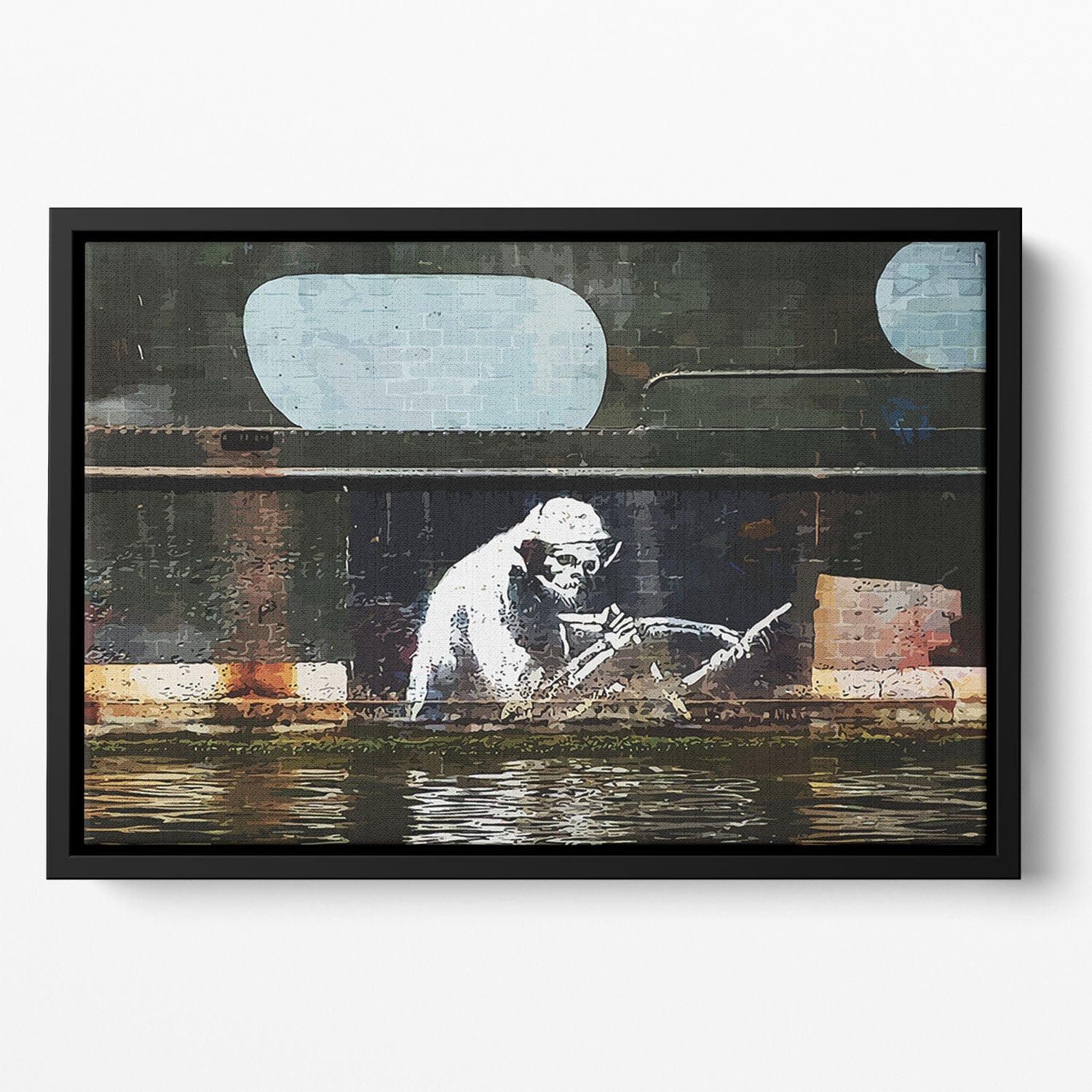 Banksy The Grim Reaper floating framed canvas art featuring vibrant colors and intricate details.