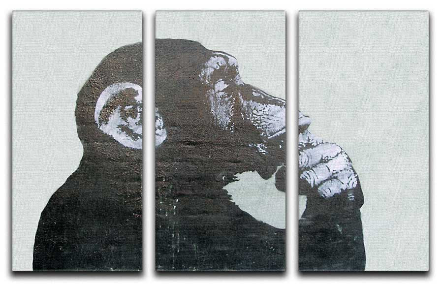 Banksy The Thinker Monkey 3 Split Canvas Print showcasing vibrant colors and intricate details across three panels.