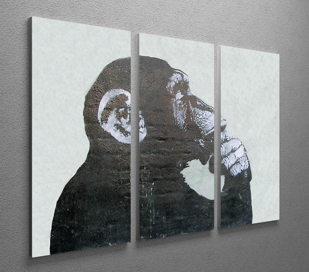 Banksy The Thinker Monkey 3 Split Canvas Print showcasing vibrant colors and intricate details across three panels.