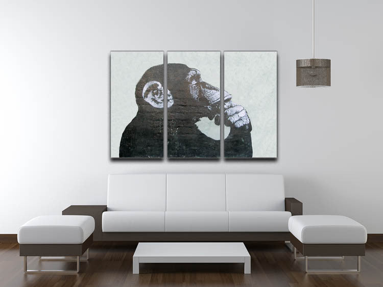 Banksy The Thinker Monkey 3 Split Canvas Print showcasing vibrant colors and intricate details across three panels.