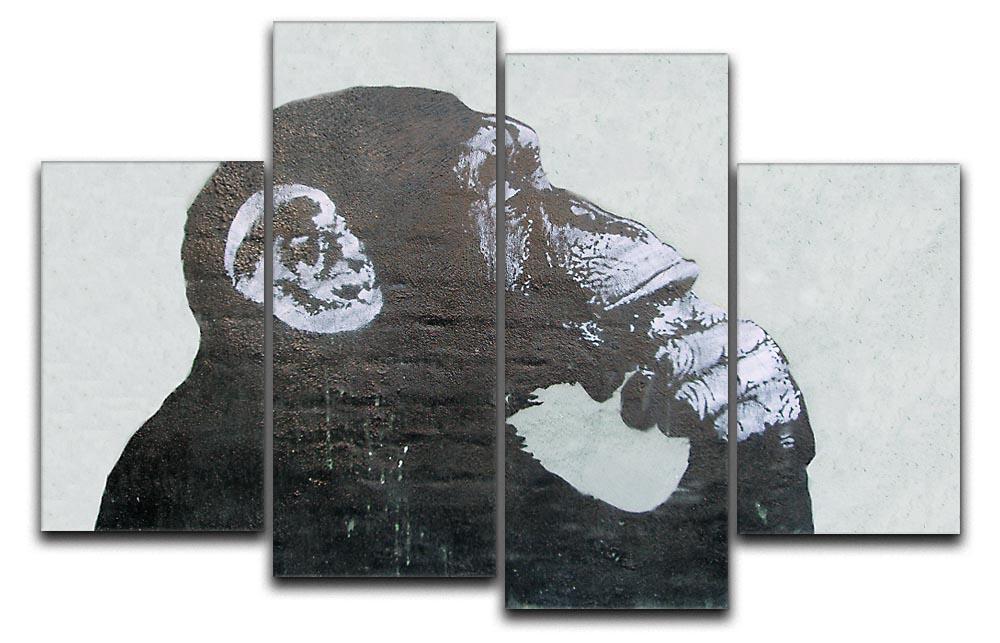 Banksy The Thinker Monkey 4 Split Panel Canvas artwork featuring a monkey in a thoughtful pose, divided into four equal sections.
