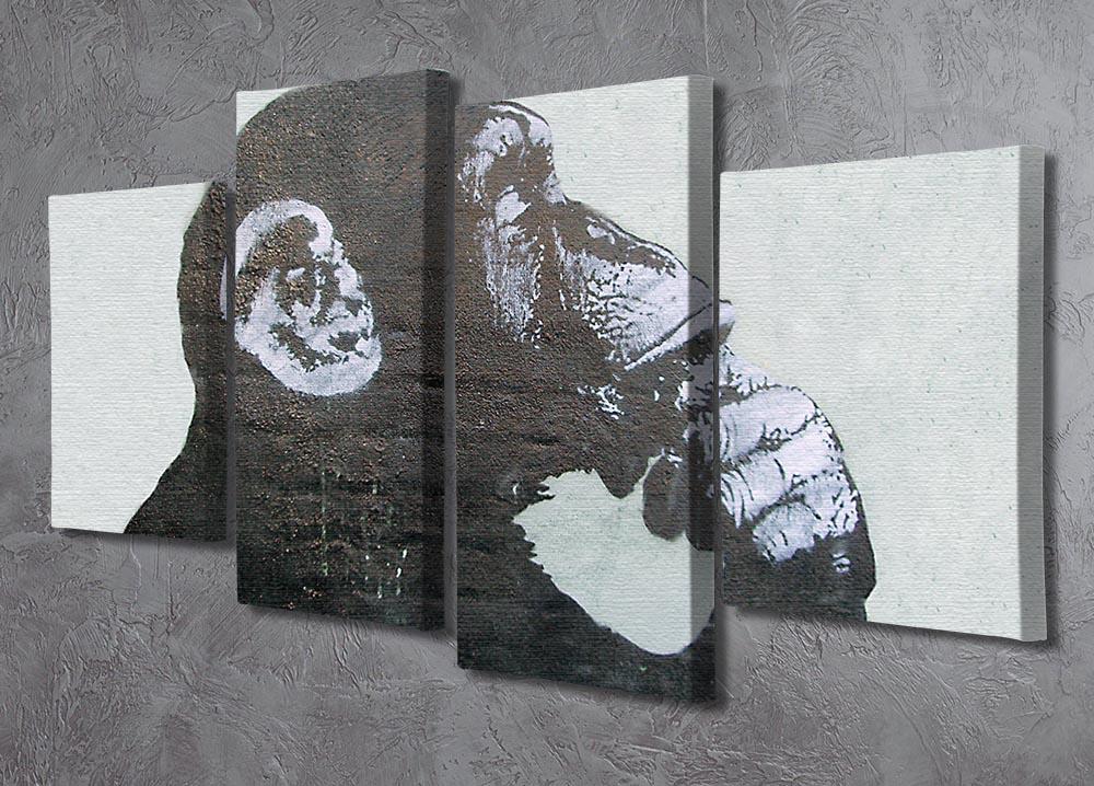 Banksy The Thinker Monkey 4 Split Panel Canvas artwork featuring a monkey in a thoughtful pose, divided into four equal sections.