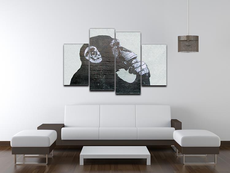 Banksy The Thinker Monkey 4 Split Panel Canvas artwork featuring a monkey in a thoughtful pose, divided into four equal sections.