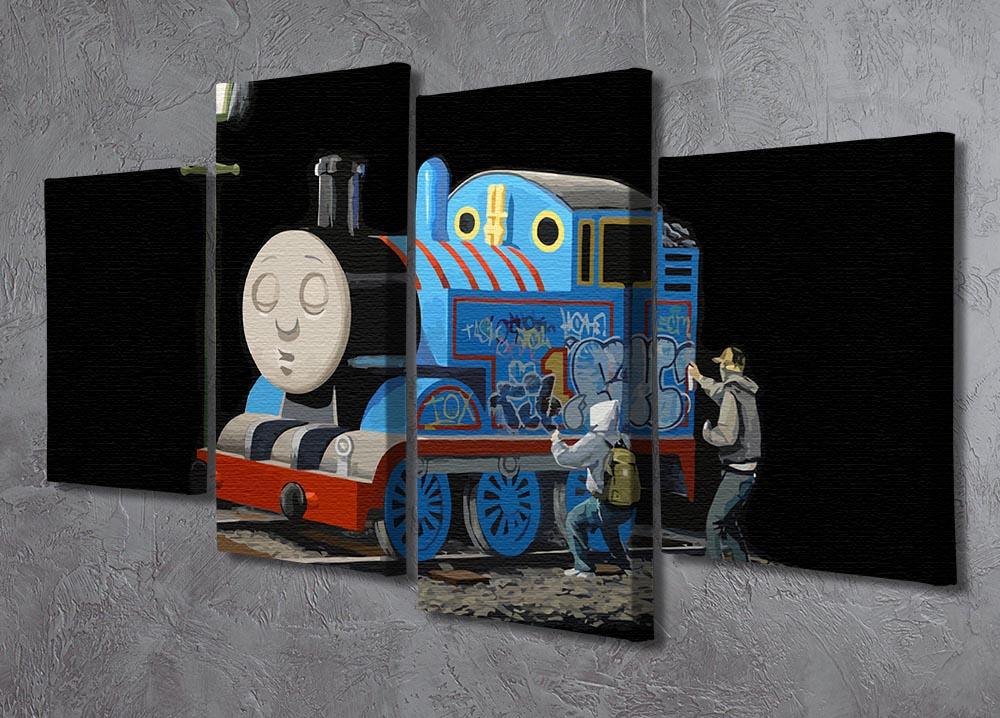 Banksy Thomas the Tank Engine 4 Split Panel Canvas artwork featuring vibrant colors and playful design, perfect for home decor.