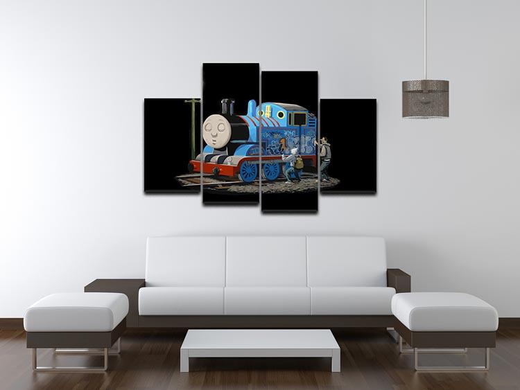 Banksy Thomas the Tank Engine 4 Split Panel Canvas artwork featuring vibrant colors and playful design, perfect for home decor.