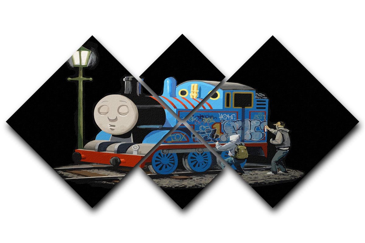 Banksy Thomas the Tank Engine 4 Square Multi Panel Canvas artwork featuring four panels with vibrant colors and unique designs.