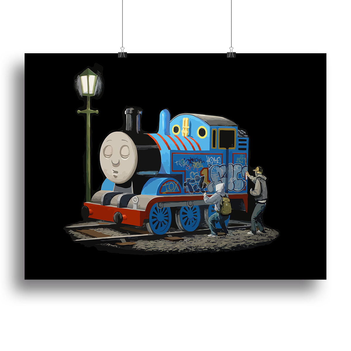 Banksy Thomas the Tank Engine canvas print featuring vibrant colors and iconic design, perfect for home or office decor.