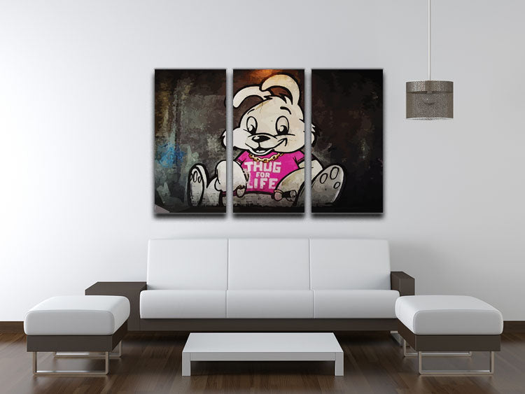 Banksy Thug For Life Bunny 3-panel canvas print featuring a striking design with vibrant colors and intricate details.