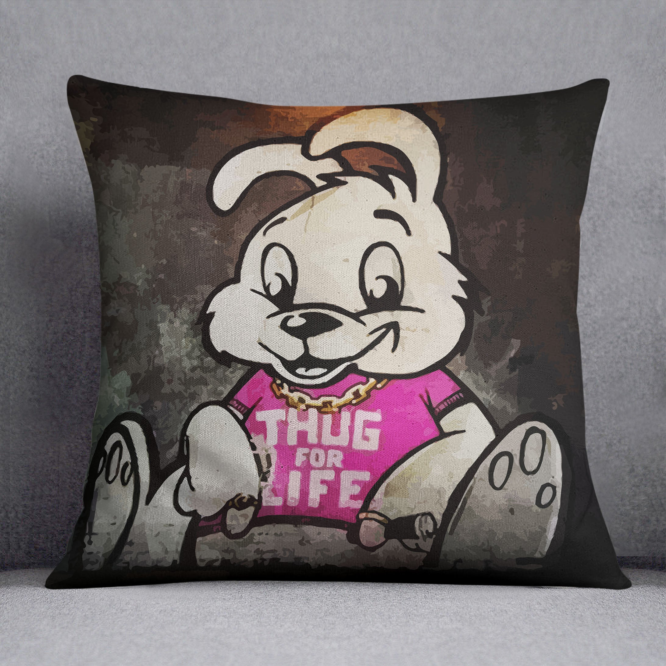 Banksy Thug For Life Bunny Cushion featuring vibrant colors and abstract design on luxurious vegan faux suede.