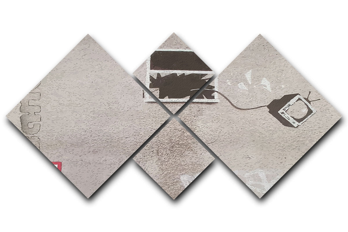 Banksy TV Through Window 4 Square Multi Panel Canvas artwork featuring four equal square panels with vibrant colors and intricate details.