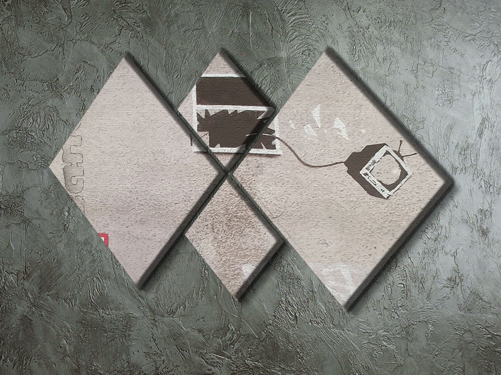 Banksy TV Through Window 4 Square Multi Panel Canvas artwork featuring four equal square panels with vibrant colors and intricate details.