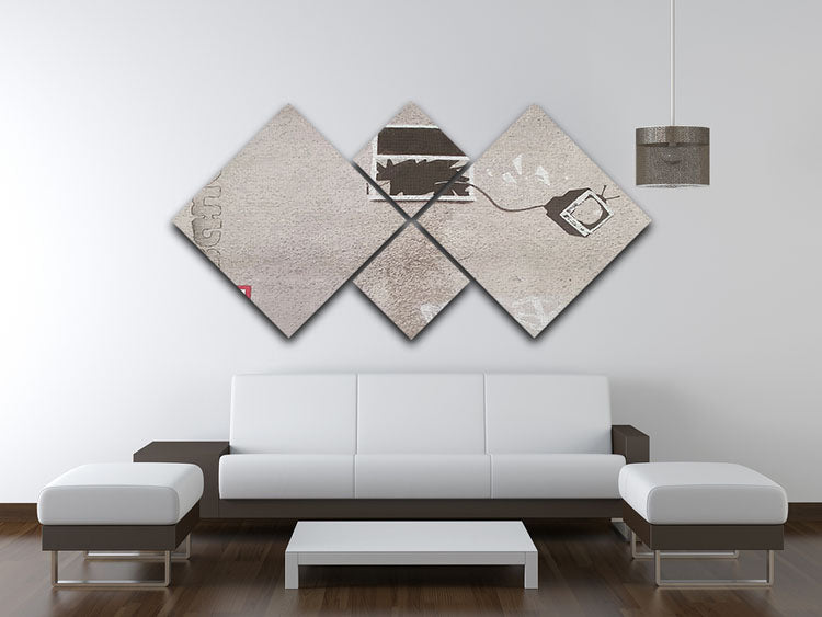 Banksy TV Through Window 4 Square Multi Panel Canvas artwork featuring four equal square panels with vibrant colors and intricate details.
