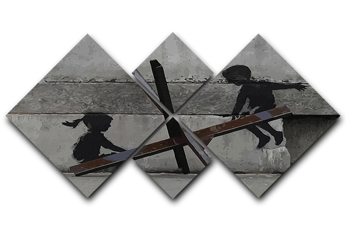 Banksy Ukraine Children Tank Trap See Saw, a 4-square multi-panel canvas artwork featuring children and a tank, showcasing vibrant colors and intricate details.