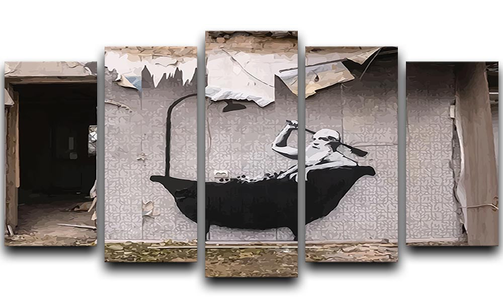Banksy Ukraine Man In Bath 5 Split Panel Canvas artwork featuring a man in a bath, divided into five panels for a dynamic display.