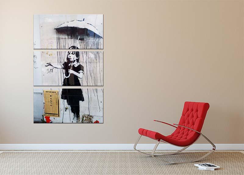 Banksy Umbrella Girl 3 Split Panel Canvas Print showcasing a modern art design with vibrant colors and intricate details.