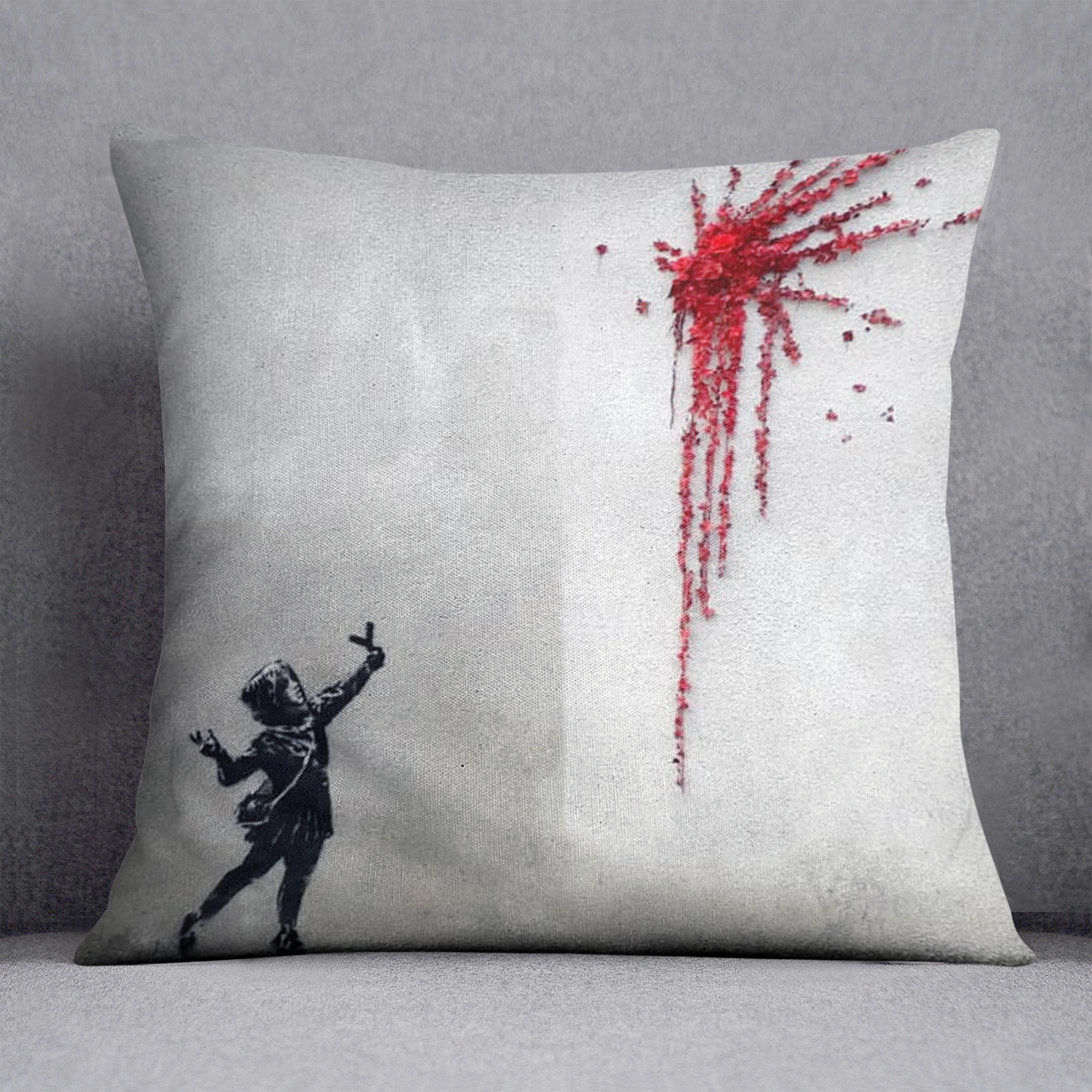Banksy Valentines Day Marsh Lane Cushion featuring vibrant abstract design on luxurious vegan faux suede.
