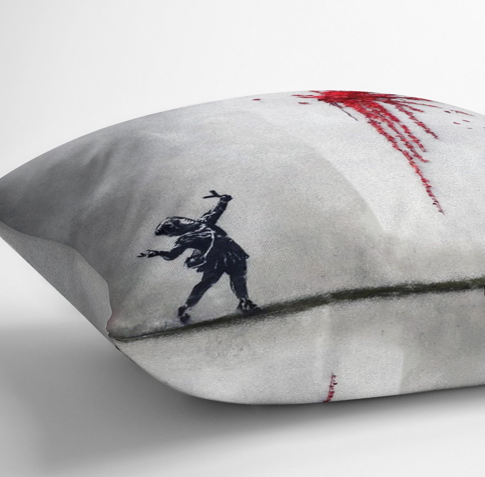 Banksy Valentines Day Marsh Lane Cushion featuring vibrant abstract design on luxurious vegan faux suede.